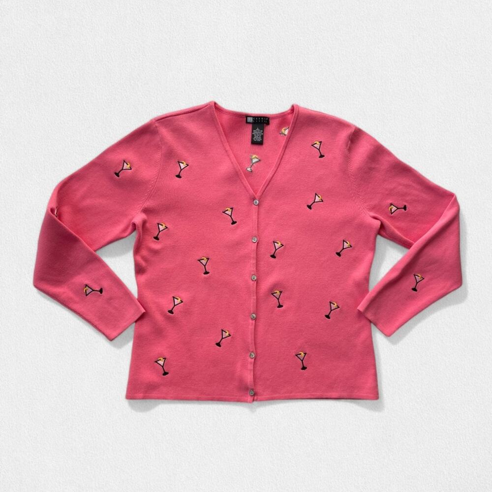 Vintage Martini Cardigan Embrodered Martini Motif 80s 90s Carole Little Cotton L
